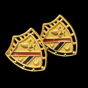 Vintage Coat of Arms Shield Pierced Red Enamel Earrings Preppy